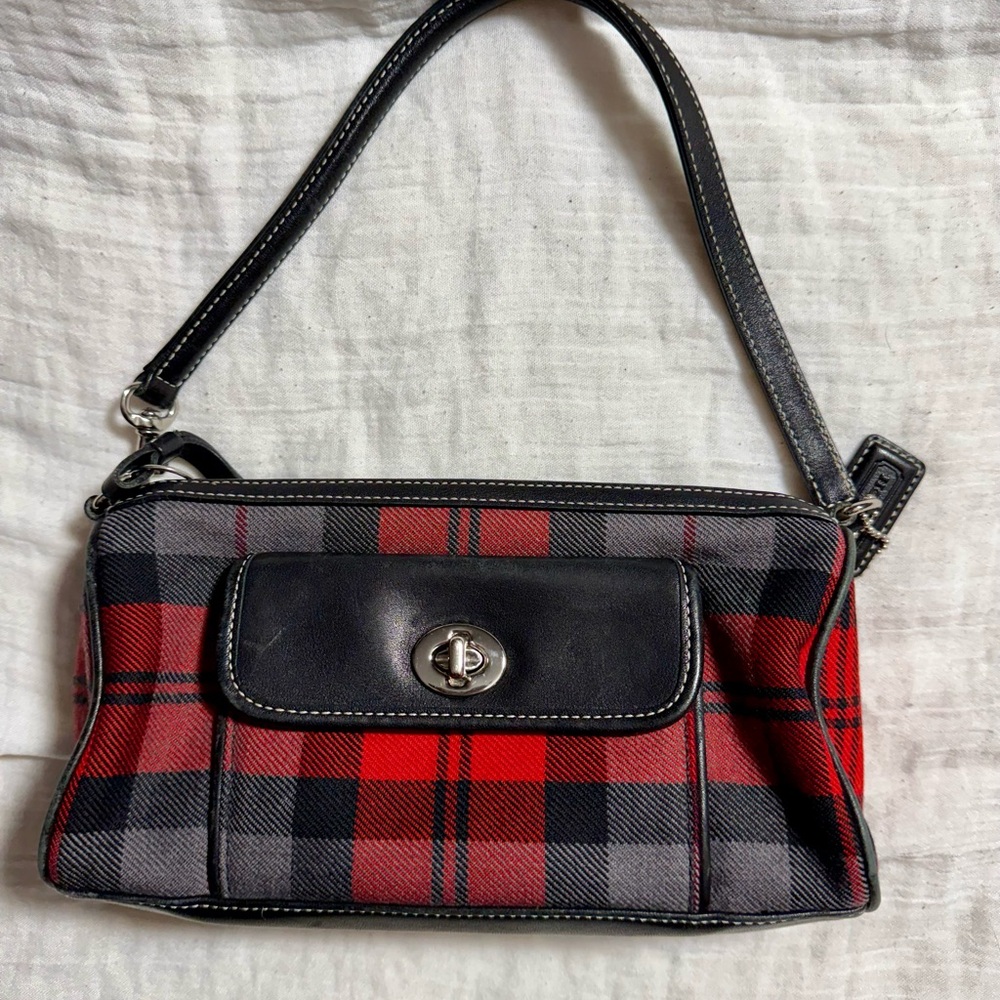 Coach Vintage Y2K Rare Red Wool Tartan Plaid Leather Demi Shoulder Bag